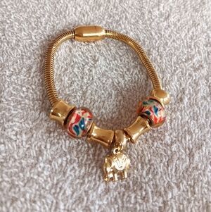 Gold Bracelet 7.5" with Colorful Beads and Elephant Charm